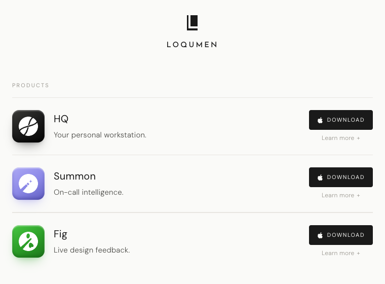 The Loqumen products page listing HQ, Summon, and Fig