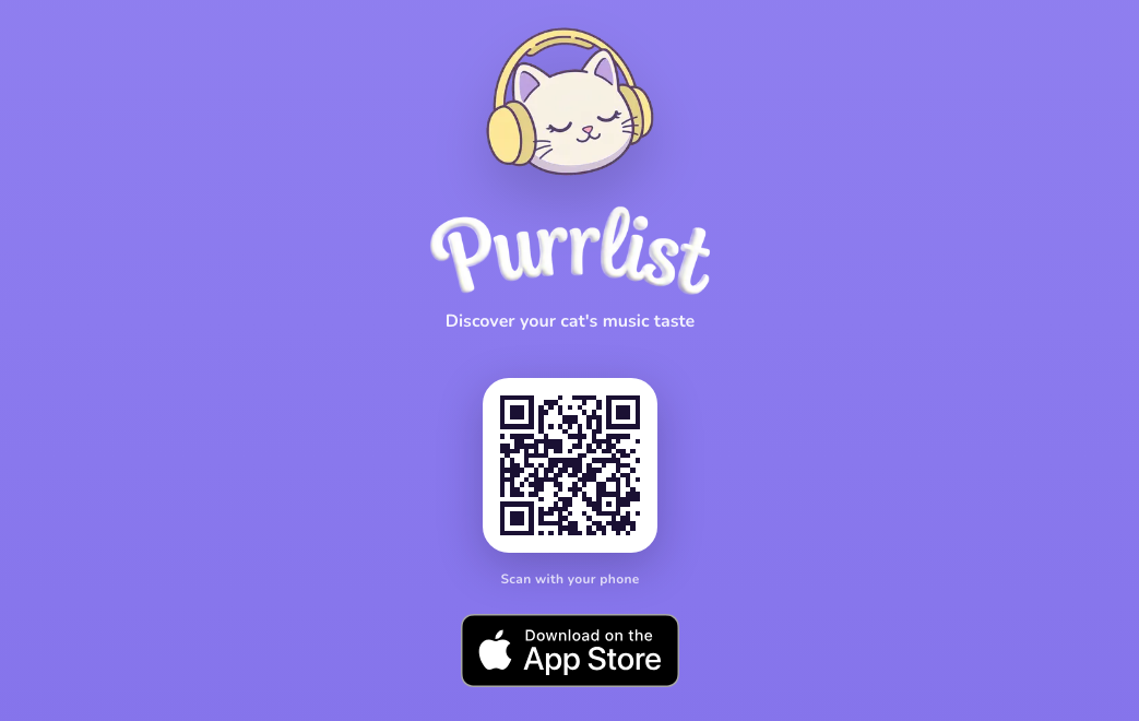 The central section of purrlist.app: the Purrlist cat mark, tagline, QR code, and App Store badge