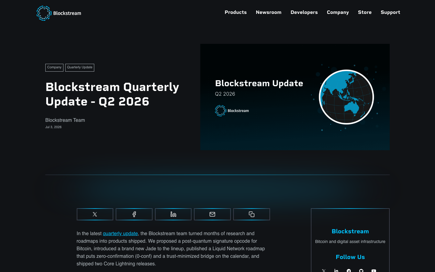 The Blockstream Quarterly Update Q2 2026 post on the Blockstream blog