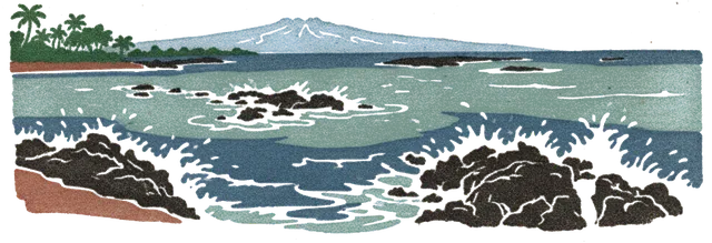 Rubber stamp of shore, surf, lava, Kauai, HI