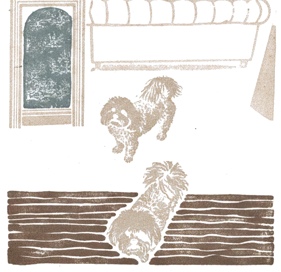 Rubber stamp of pups, floor, white, Lebanon, OH