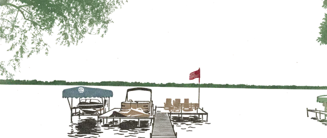 Rubber stamp of dock, lake, dusk, Culver, IN