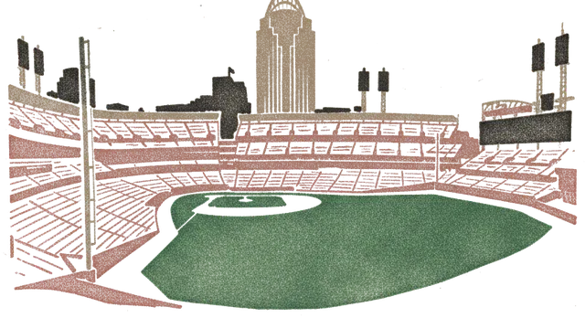 Rubber stamp of ballpark, diamond, dusk, Cincinnati, OH