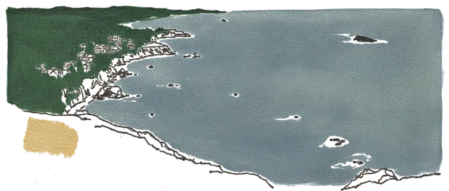 Rubber stamp of headland, cove, blue, Lincoln City, OR