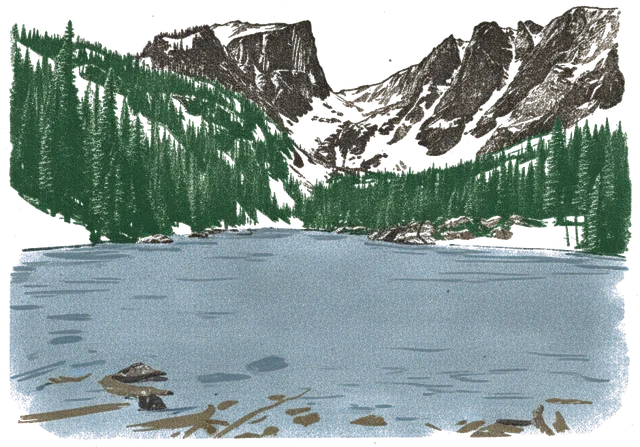 Rubber stamp of lake, peaks, reflection, Rocky Mountains, CO