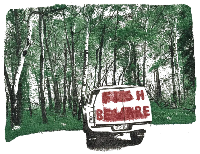 Rubber stamp of truck, aspens, sign, Rocky Mountains, CO