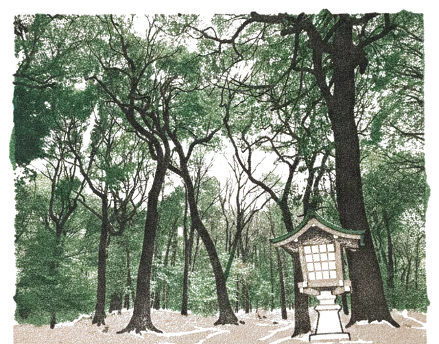 Rubber stamp of shrine, lantern, canopy, Tokyo, Japan