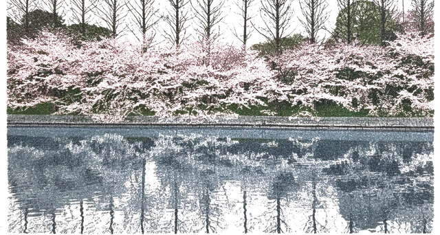 Rubber stamp of blossom, reflection, row, Osaka, Japan