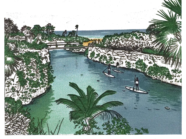 Rubber stamp of lagoon, paddle, jungle, Xcaret, Mexico