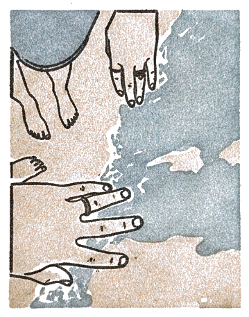 Rubber stamp of hands, shore, stones, Leelanau Peninsula, MI