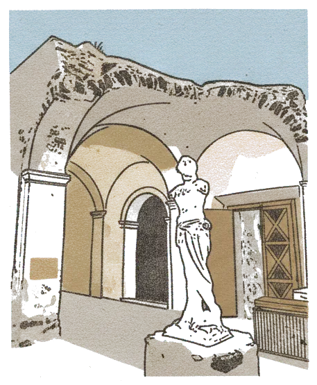 Rubber stamp of statue, ruin, vault, Ischia, Italy