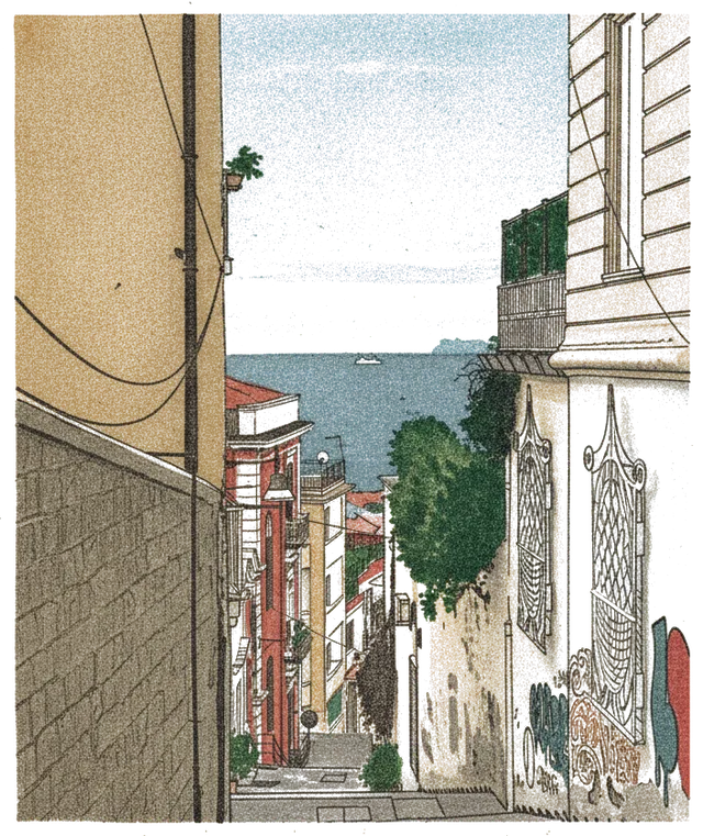 Rubber stamp of alley, sea, stairs, Naples, Italy