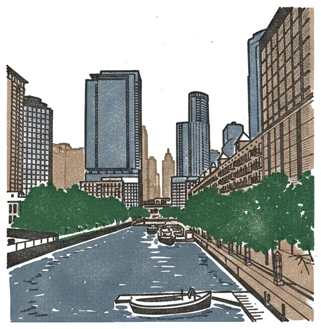 Rubber stamp of river, towers, dusk, Chicago, IL