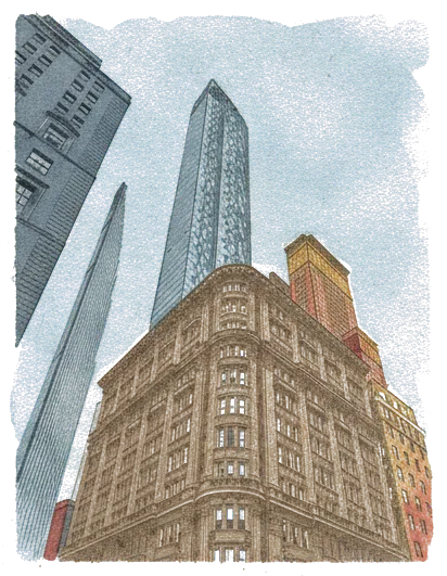 Rubber stamp of tower, glass, lookup, New York City, NY