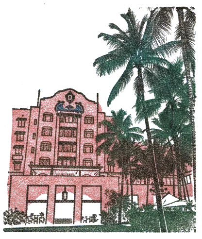 Rubber stamp of pink, palms, hotel, Honolulu, HI