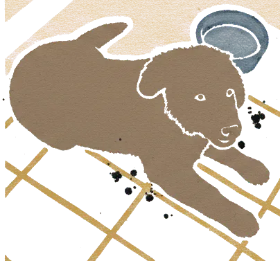 Rubber stamp of puppy, tile, bowl, Mason, OH