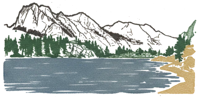 Rubber stamp of lake, granite, snow, Lone Pine Lake, Mt. Whitney, CA