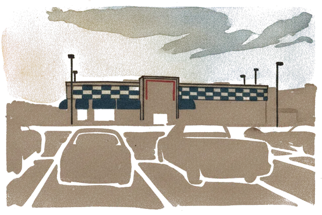 Rubber stamp of lot, sunset, cars, Mason, OH