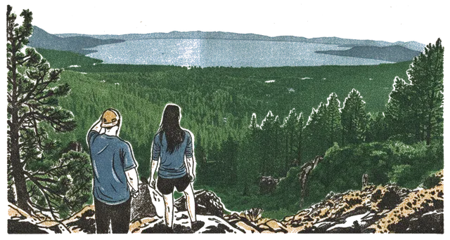 Rubber stamp of overlook, lake, pines, Lake Tahoe, CA