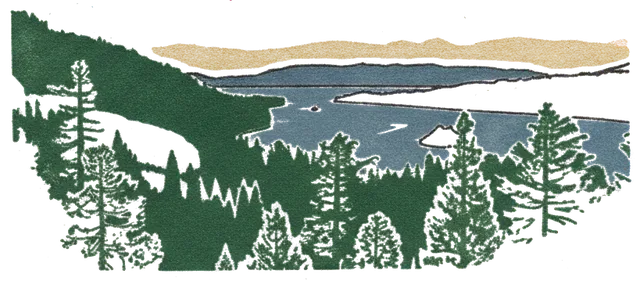 Rubber stamp of lake, pines, dusk, Lake Tahoe, CA