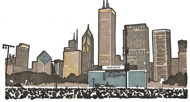 Rubber stamp of skyline, stage, night, Chicago, IL