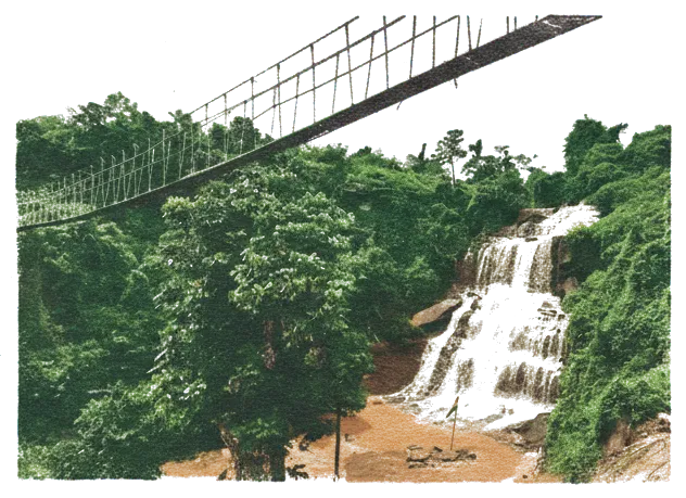 Rubber stamp of waterfall, bridge, jungle, Mole National Park, Ghana