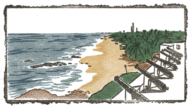 Rubber stamp of cannons, surf, castle, Cape Coast, Ghana