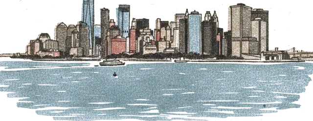 Rubber stamp of skyline, harbor, ferry, New York City, NY
