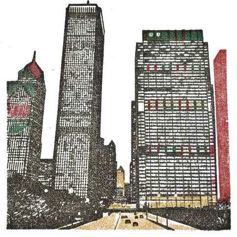 Rubber stamp of towers, night, lights, Chicago, IL