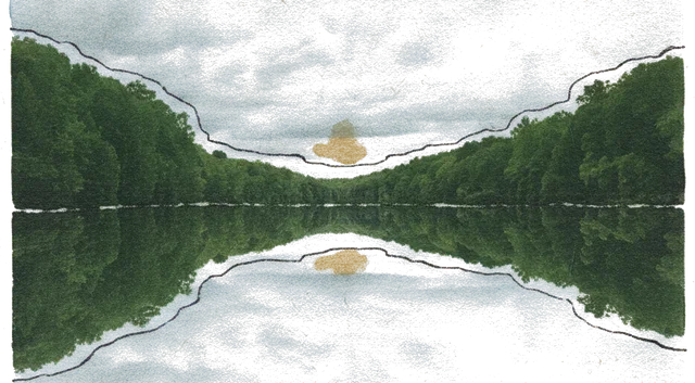 Rubber stamp of lake, mirror, overcast, Hocking Hills, OH