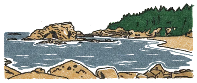 Rubber stamp of stack, cove, spruce, Lincoln City, OR