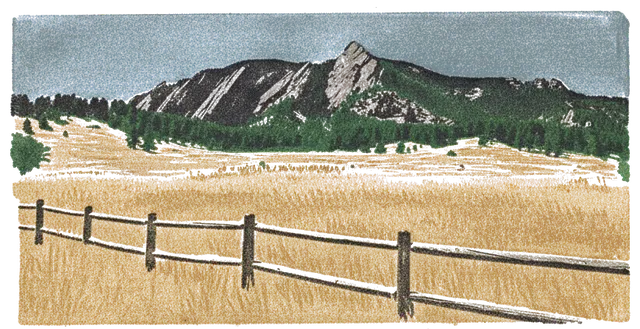 Rubber stamp of flatirons, fence, grass, Boulder, CO