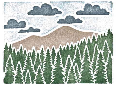 Rubber stamp of forest, ridge, clouds, Rocky Mountains, CO