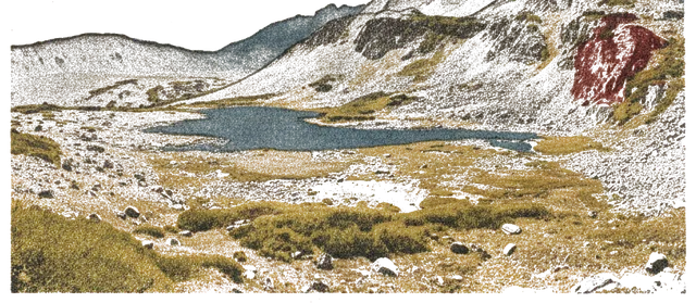 Rubber stamp of tarn, basin, scree, Rocky Mountains, CO