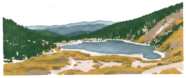 Rubber stamp of lake, valley, pines, Rocky Mountains, CO