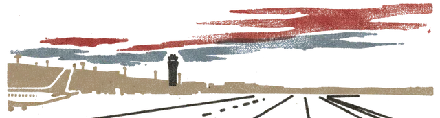 Rubber stamp of runway, sunset, terminal, Columbus, OH