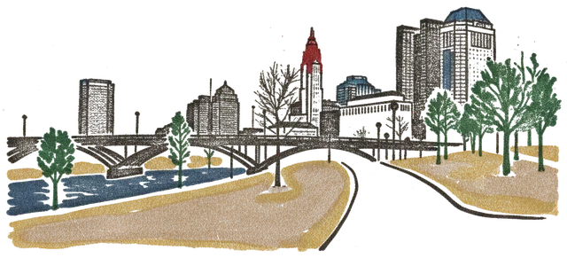 Rubber stamp of bridge, skyline, dusk, Columbus, OH