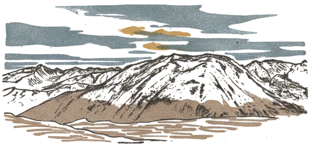 Rubber stamp of peaks, snow, clouds, Rocky Mountains, CO