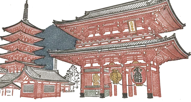 Rubber stamp of pagoda, gate, night, Tokyo, Japan