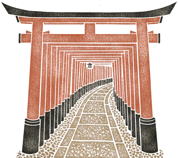 Rubber stamp of torii, vermilion, tunnel, Fushimi Inari Taisha, Kyoto, Japan
