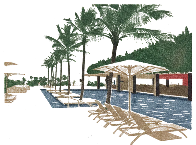 Rubber stamp of pool, palms, loungers, Xcaret, Mexico