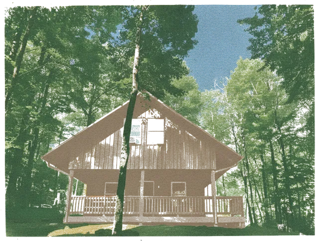 Rubber stamp of cabin, porch, canopy, Mohican State Park, OH