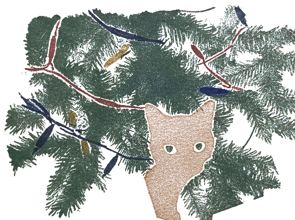 Rubber stamp of cat, lights, tree, Dublin, OH