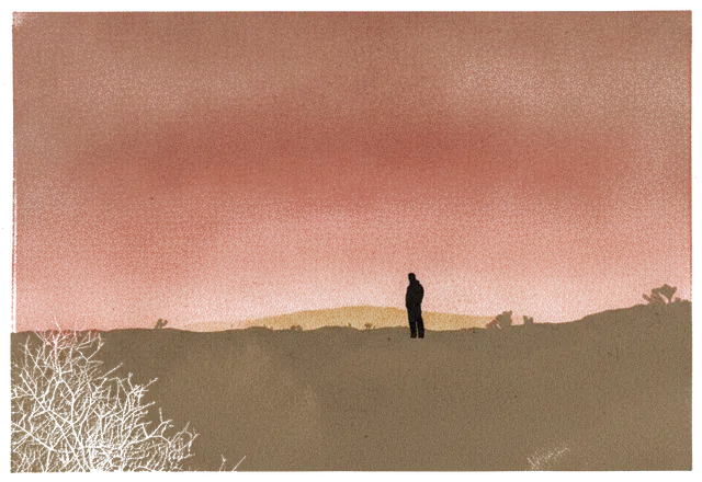 Rubber stamp of silhouette, afterglow, desert, Joshua Tree, CA