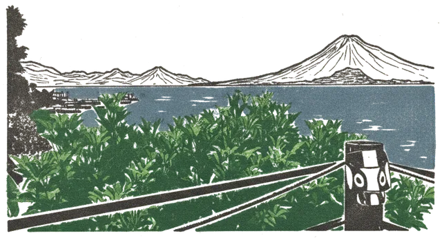 Rubber stamp of lake, volcano, bougainvillea, Panajachel, Guatemala