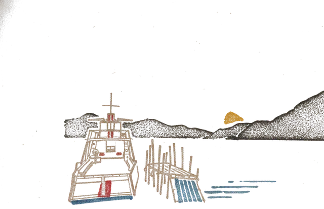 Rubber stamp of boat, dock, dusk, Panajachel, Guatemala
