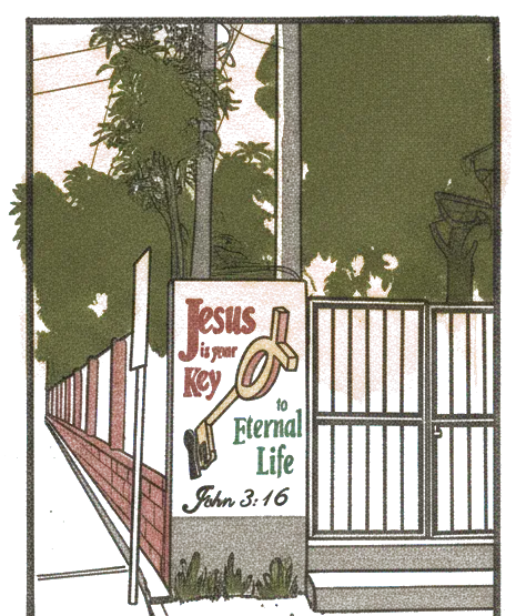 Rubber stamp of sign, gate, sun, San Pedro La Laguna, Guatemala