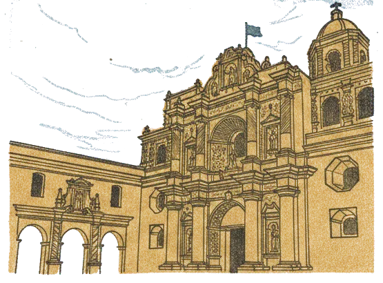 Rubber stamp of baroque, yellow, facade, Antigua, Guatemala