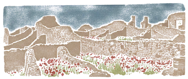 Rubber stamp of ruins, poppies, stone, Pompeii, Italy