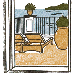 Rubber stamp of balcony, curtain, sea, Sorrento, Italy